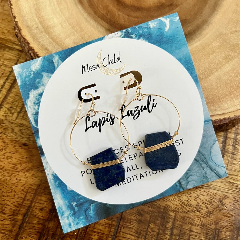 Lapis Lazuli Flat Gemstone Gold Earrings