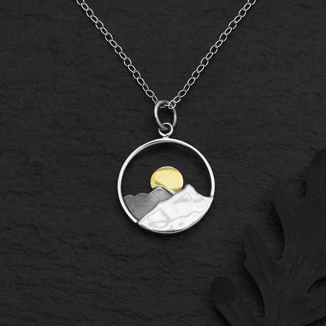 Sterling Silver 18 Inch Mountain Necklace with Bronze Sun